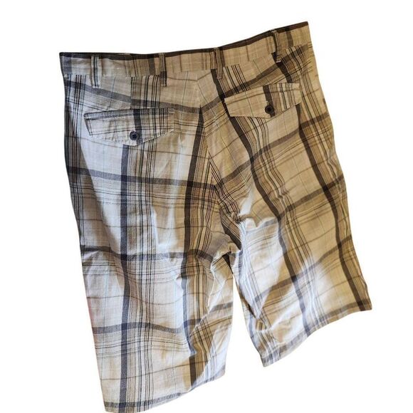 Burnside Cargo Shorts Men's Size 36 Blue Brown Tan White Plaid Flat Front - Picture 2 of 3